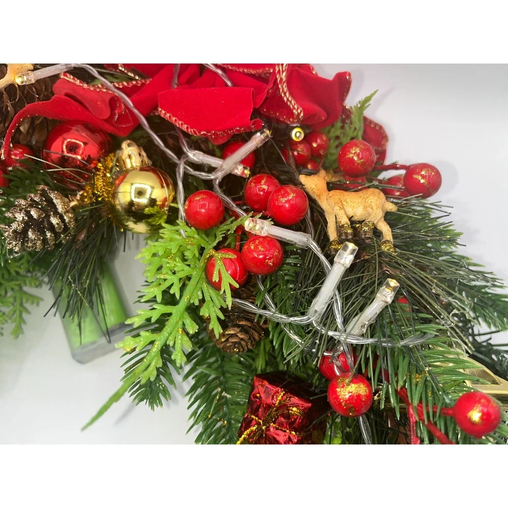 Lighted Mantel Christmas Fake Pine Tree Swag Pinecones Berries Ornaments Deer